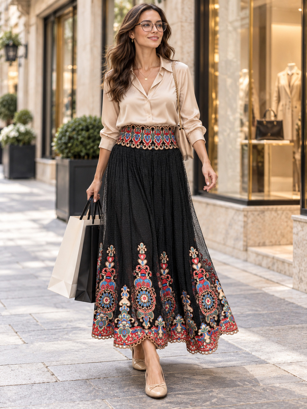 Alice + Olivia Savanna Embroidered Tulle Maxi Skirt Black Point D'Esprit Sz 8